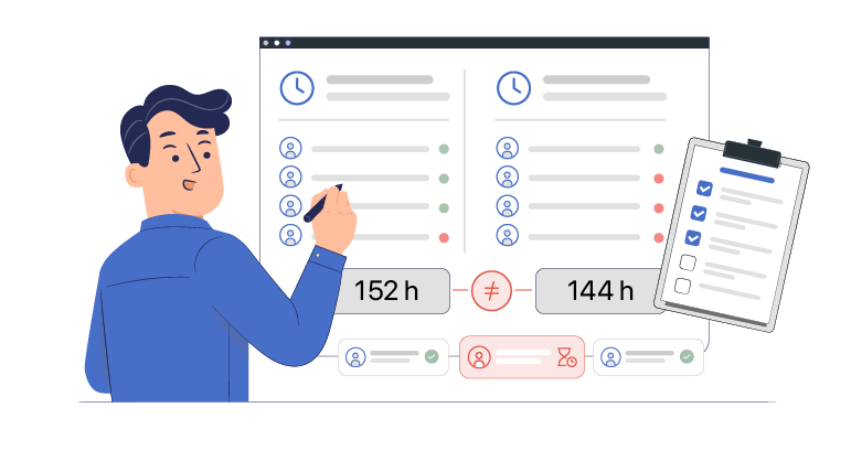 Manager comparing logged employee hours with payroll totals to identify a timesheet discrepancy